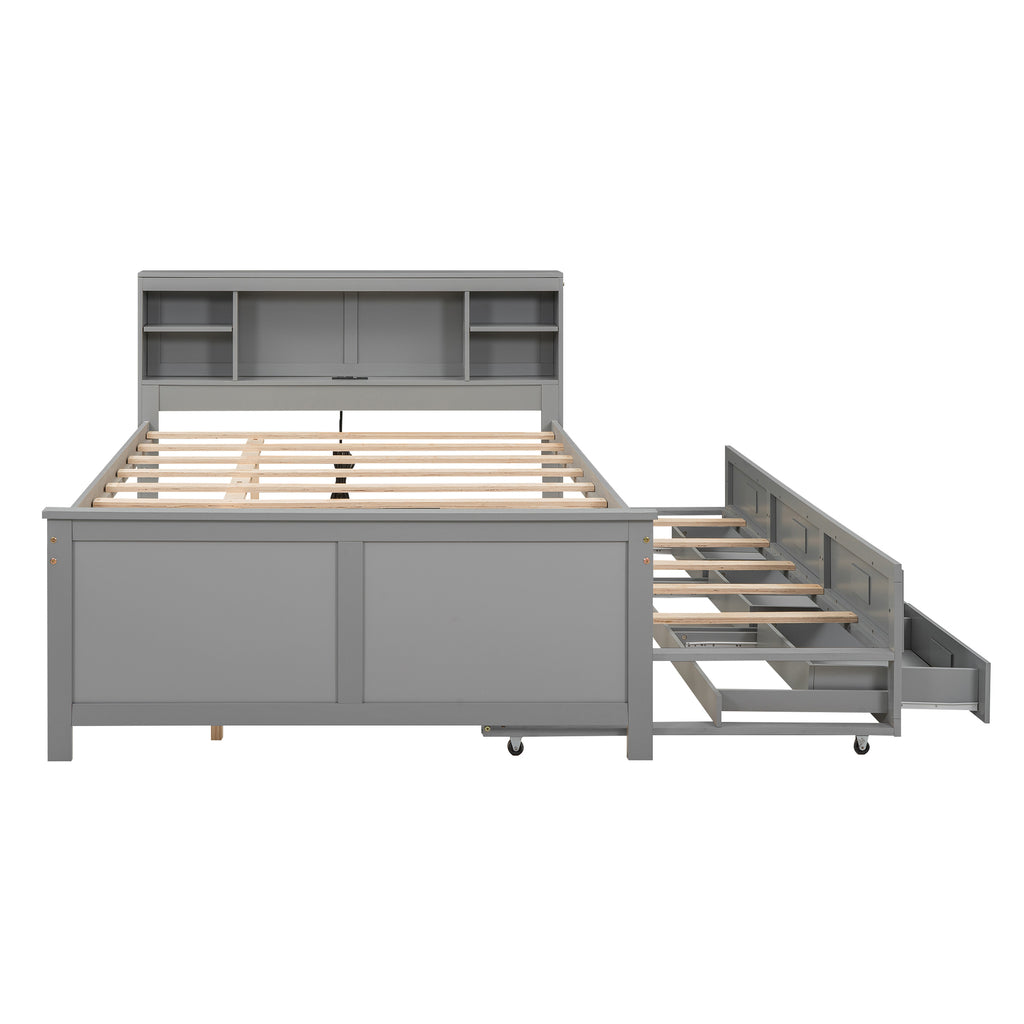 Gray full size bed frame with wood slat support