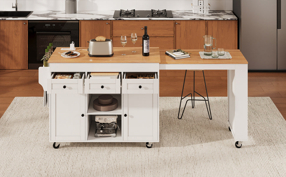 K&K 85.5' Kitchen Island with Extendable Dining Table, Kitchen Storage Table with 3 Side Open Shelves, Rolling Kitchen Island with Power Outlet, 3 Drawers, 2 Doors, for Kitchen, Dining Room, Black