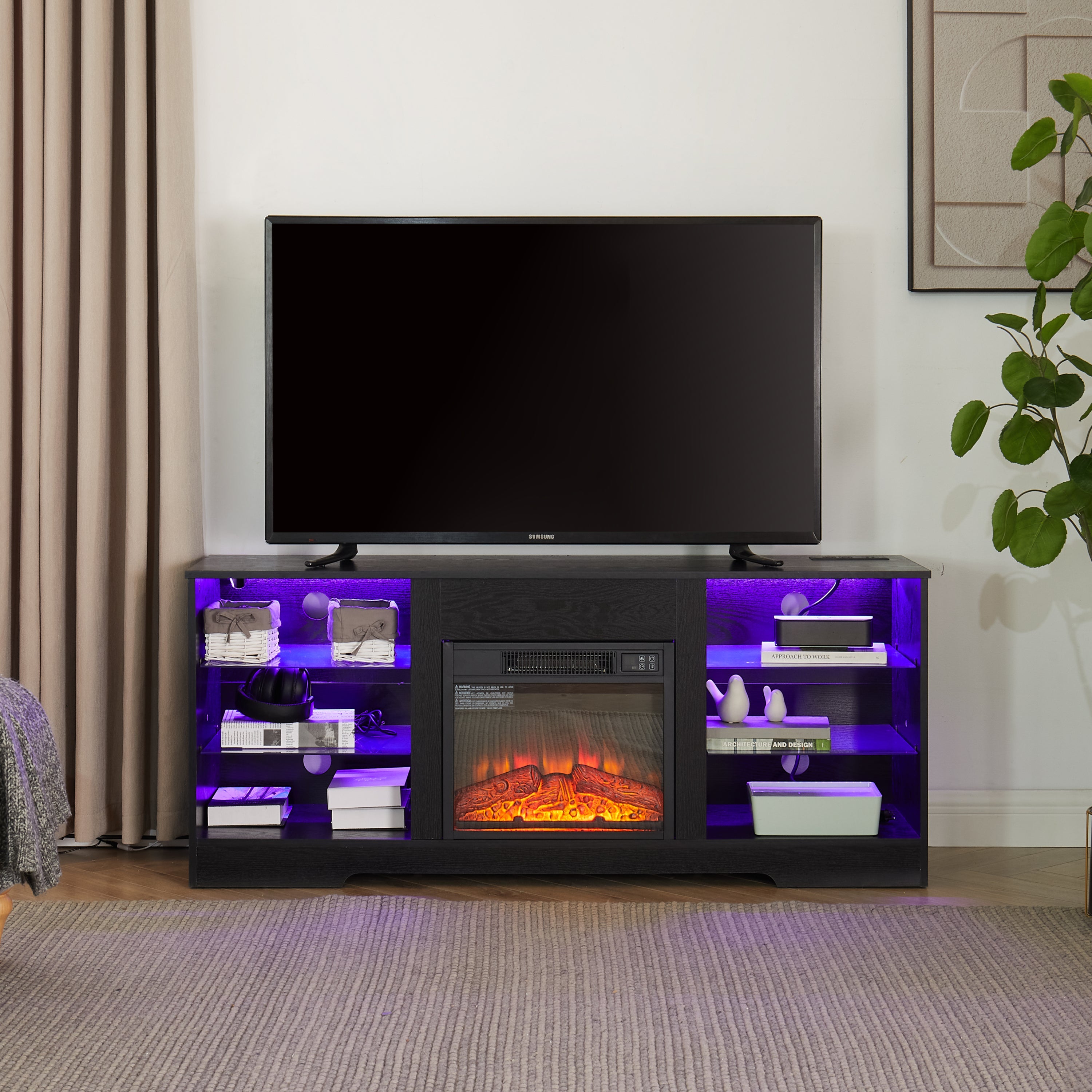 TV Stand with Electric Fireplace — Glass Shelves & USB Outlets for TVs Up to 62"