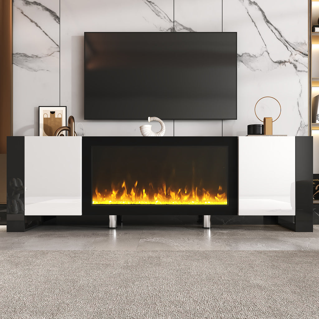 68-inch white media console with built-in decorative fireplace