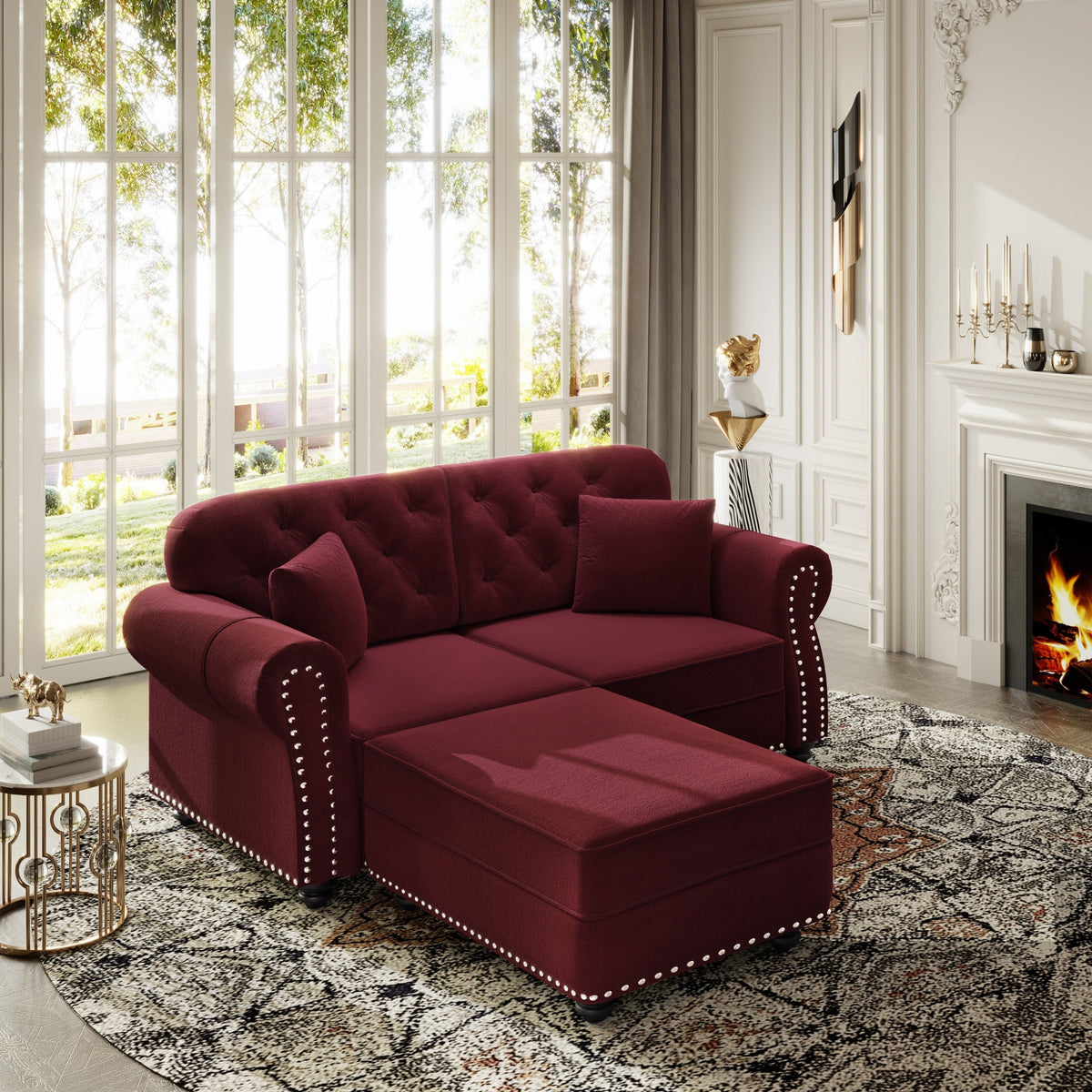 63'Upholstered Velvet Sofa with Nailhead Trim and Rolled Armrests,Mid-Century Modern Chesterfield Sofa with Button Tufted,Includes 2 Pillows,Beige/White