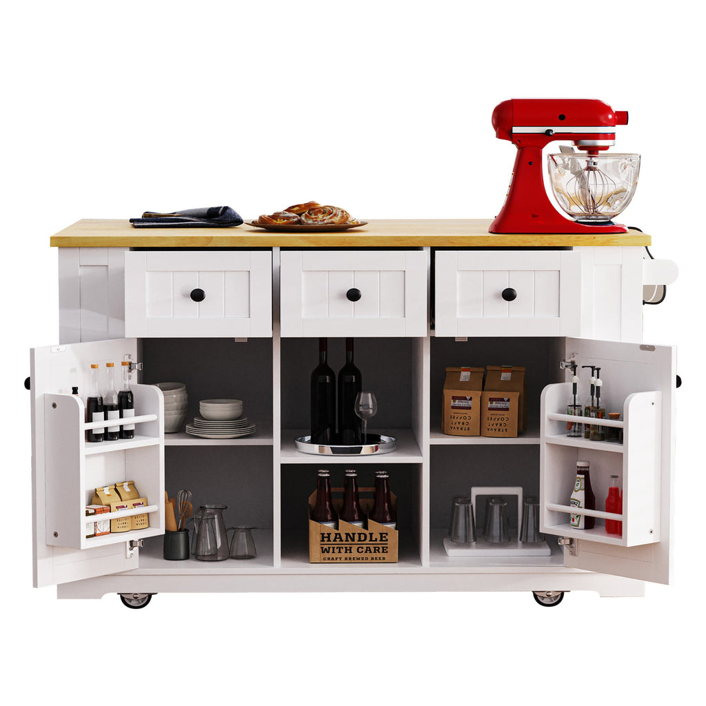 K&K 53inch Large Kitchen Island with Drop Leaf,Power Outlet,Door Internal Storage Rack,Rolling Kitchen Cart on 5 Wheels with 5 Open Side Racks for Kitchen,Black(Two Packages)(Stools not included)