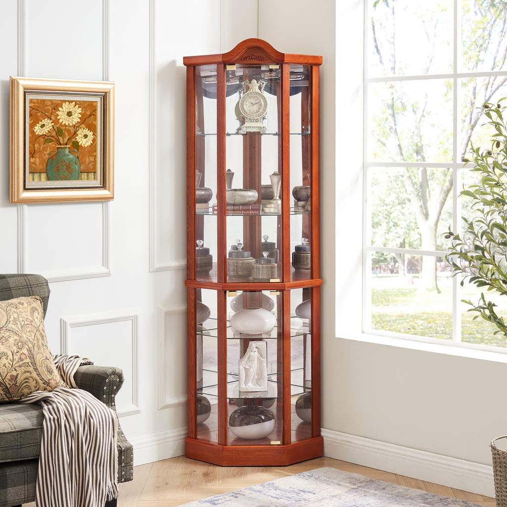 Oak lighted corner curio cabinet glass display — front view