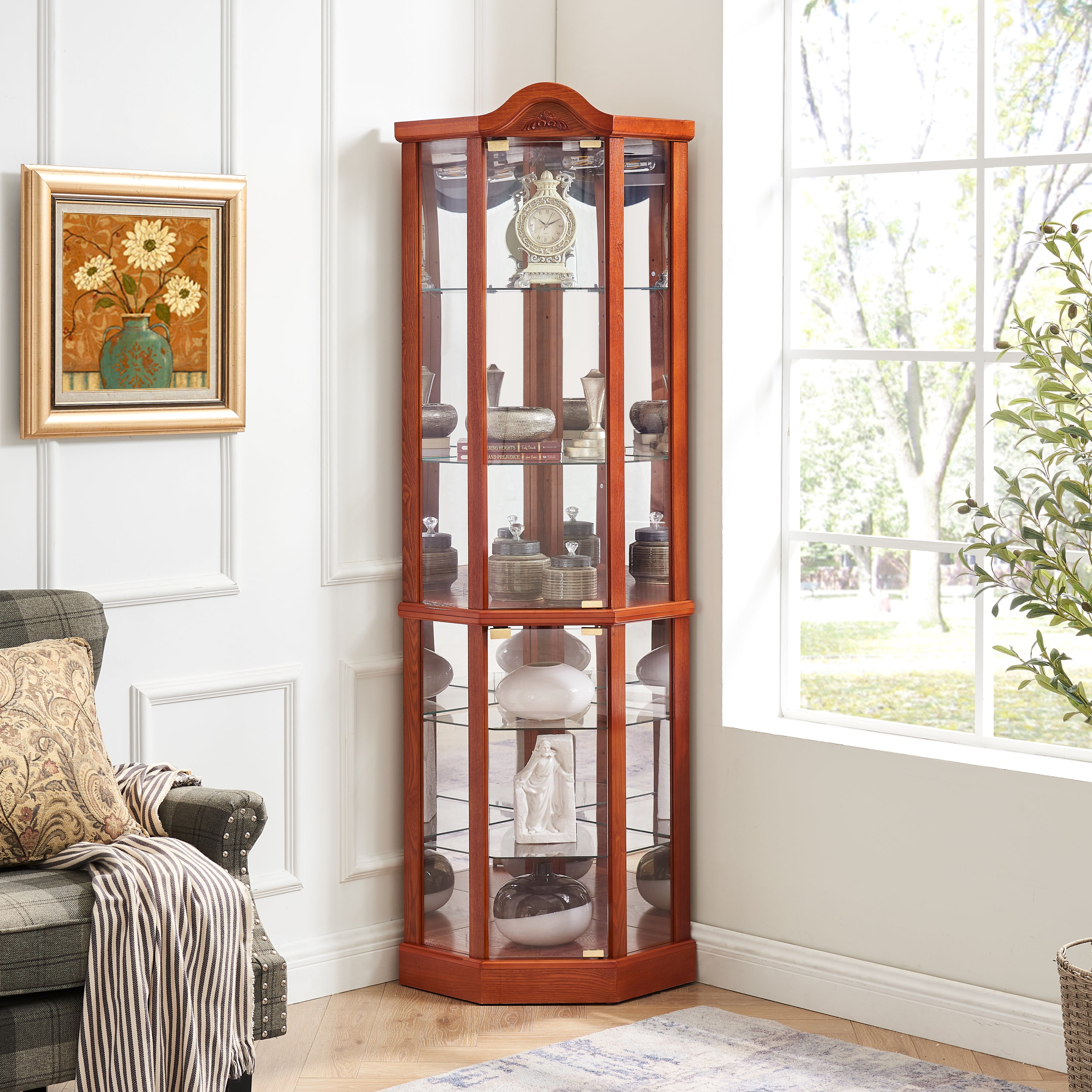 Oak lighted corner curio cabinet glass display — front view