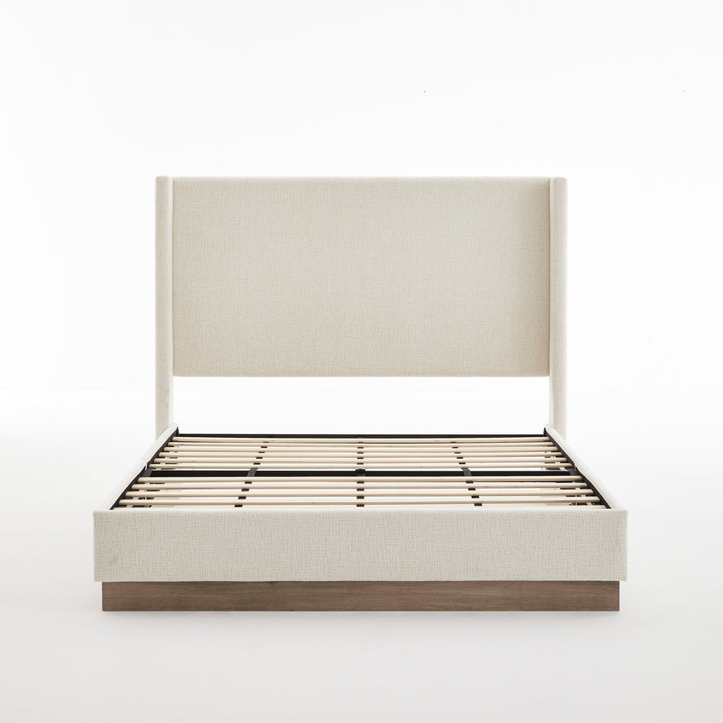 Hosford Upholstered Wingback Bed with Wood Base Platform - 52.5' High Headboard - Oat Boucle Fabric - Light Grey Camel Oak Frame - California King - Minimalist Rusticity Style