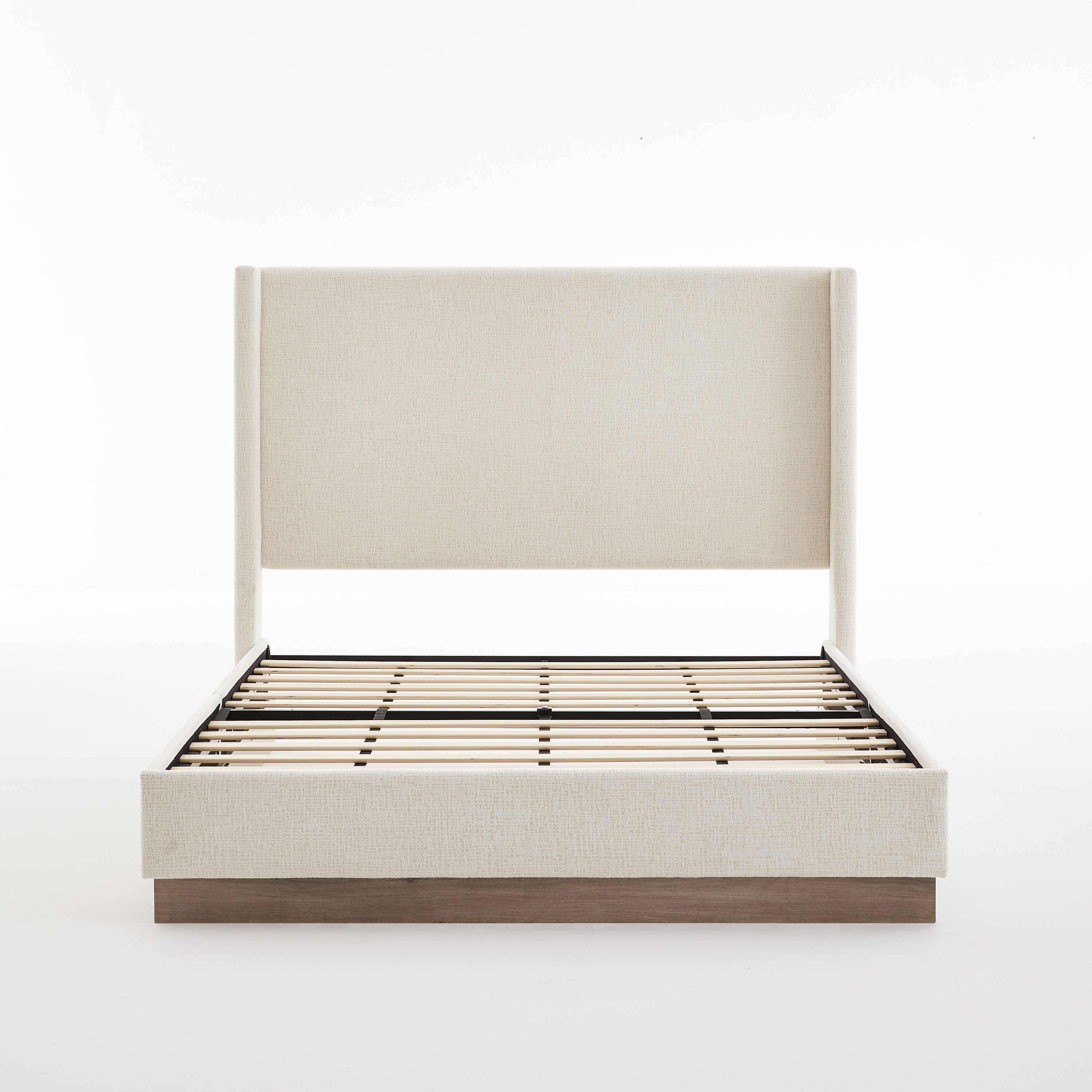 Hosford Upholstered Wingback Bed with Wood Base Platform - 52.5' High Headboard - Oat Boucle Fabric - Light Grey Camel Oak Frame - California King - Minimalist Rusticity Style