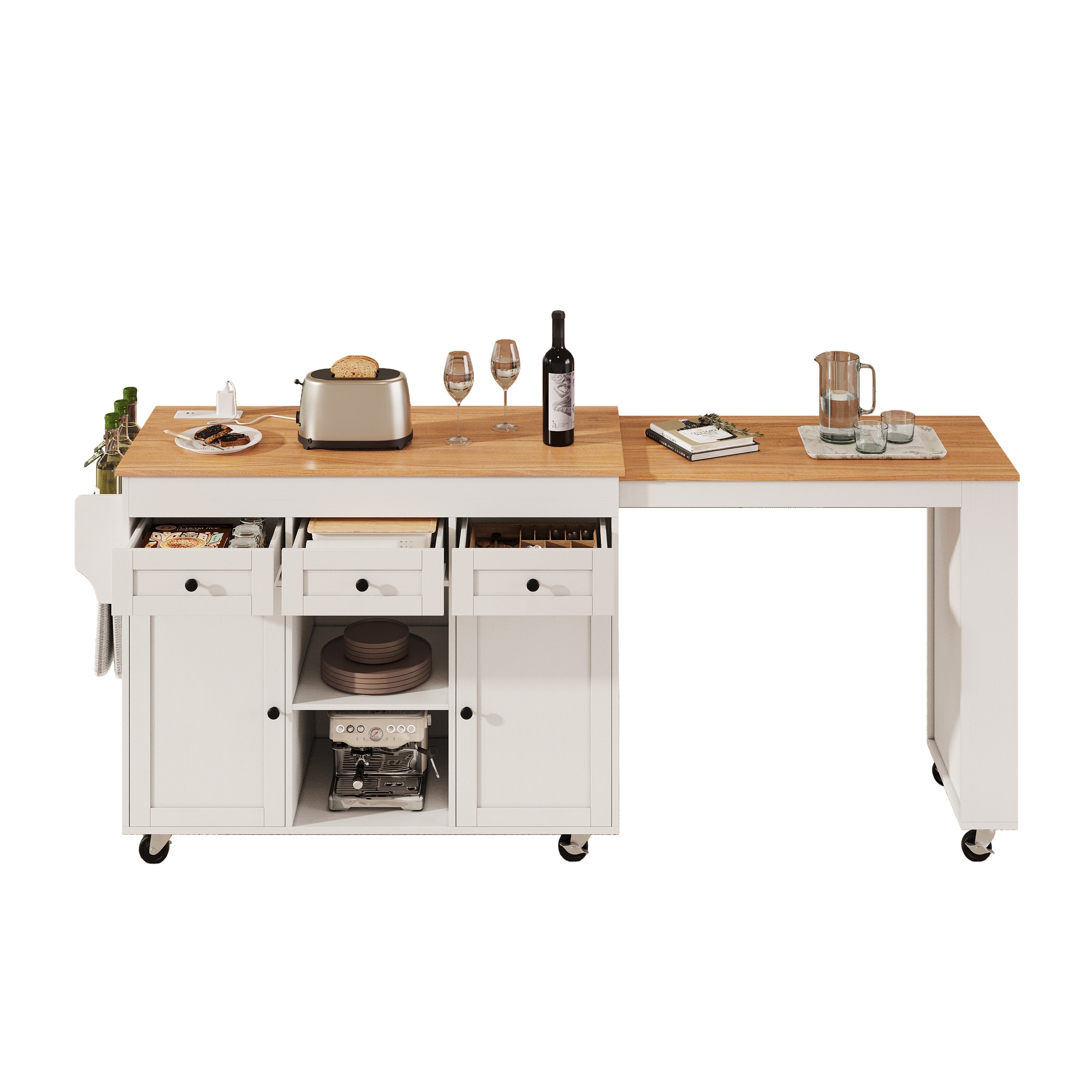 K&K 85.5' Kitchen Island with Extendable Dining Table, Kitchen Storage Table with 3 Side Open Shelves, Rolling Kitchen Island with Power Outlet, 3 Drawers, 2 Doors, for Kitchen, Dining Room, Black