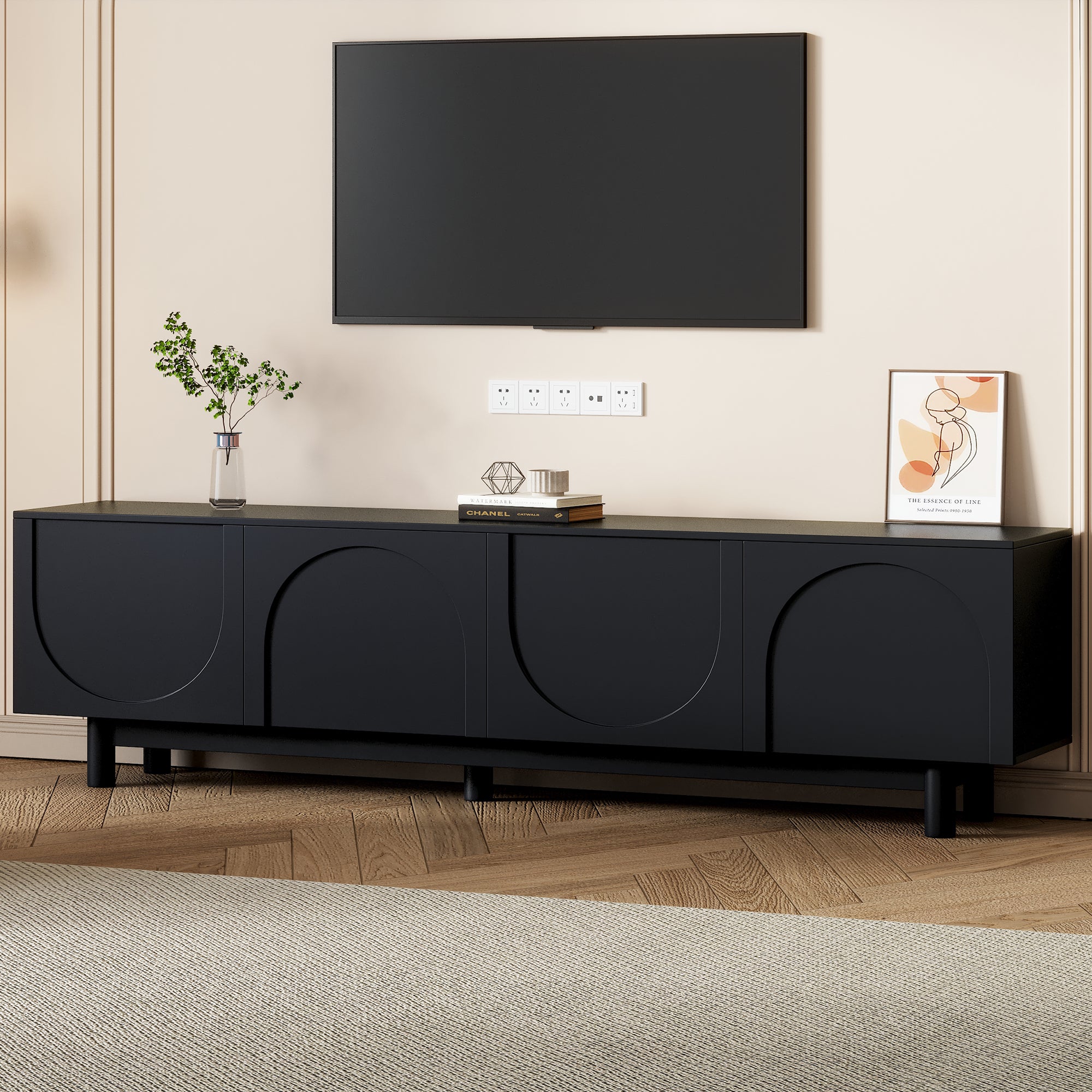 Black arch TV stand with solid wood legs — front view