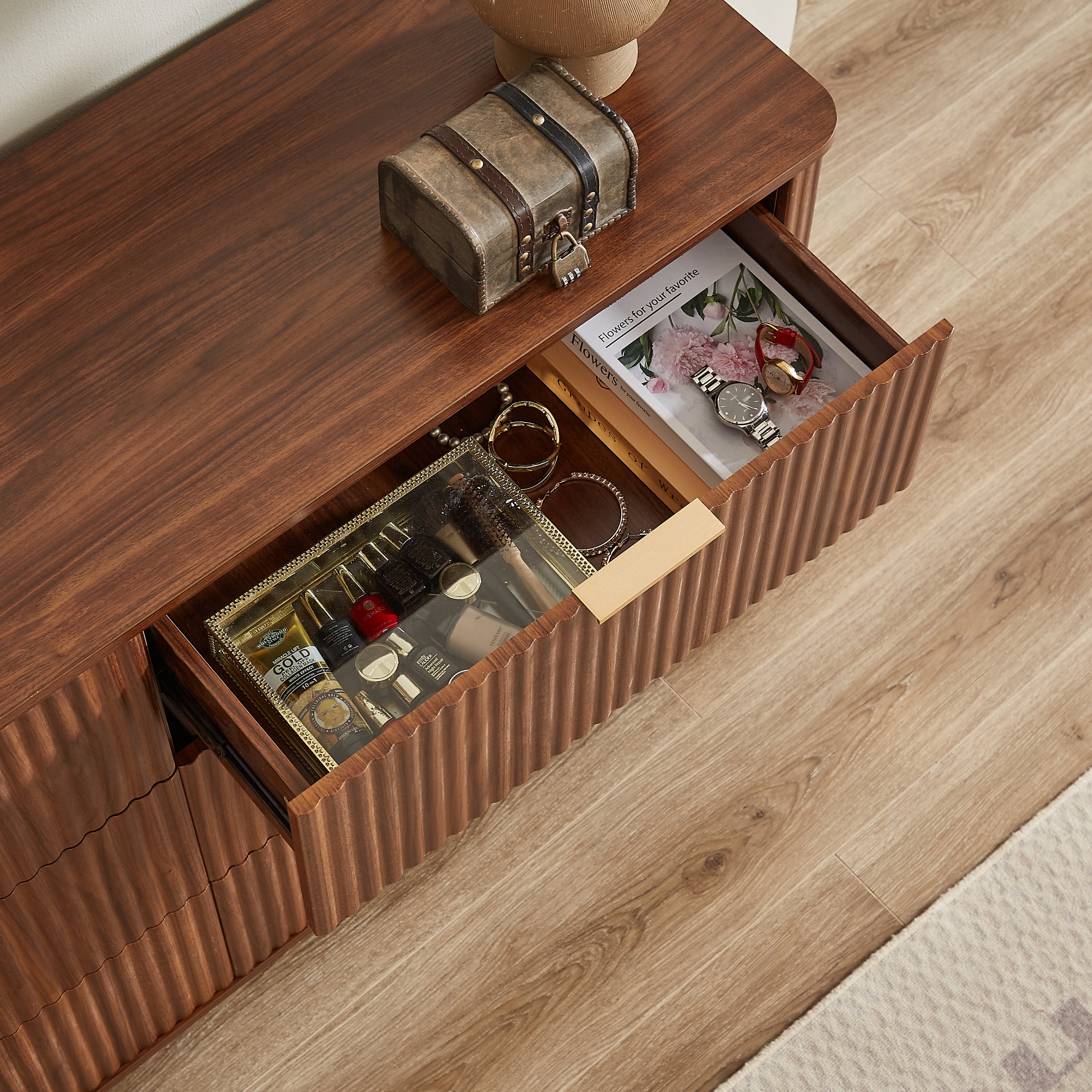 Six drawer dresser walnut finish product photo