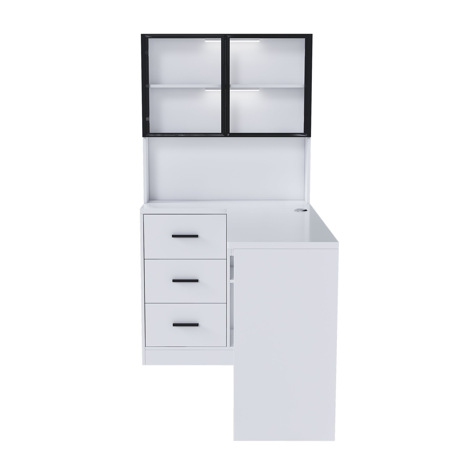White L-shaped desk modular corner workspace layout