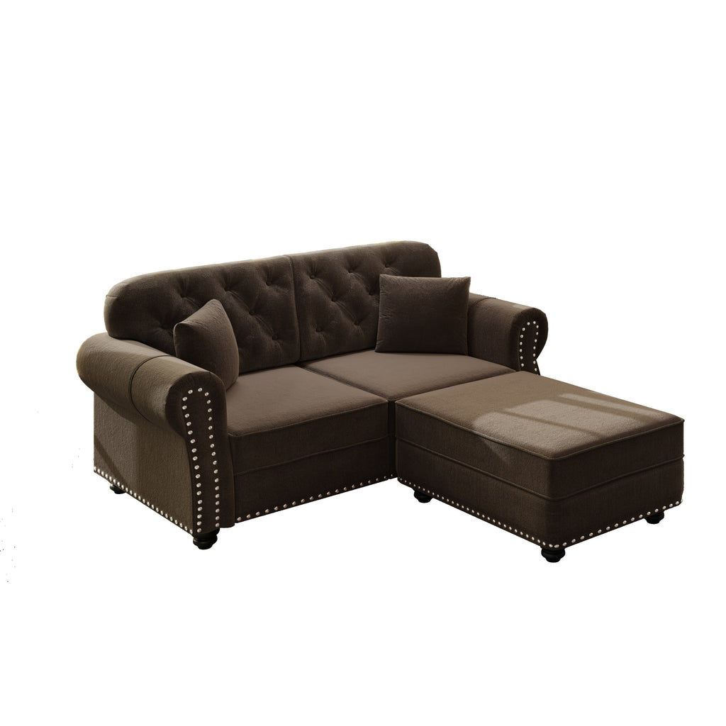 63'Upholstered Velvet Sofa with Nailhead Trim and Rolled Armrests,Mid-Century Modern Chesterfield Sofa with Button Tufted,Includes 2 Pillows,Beige/White