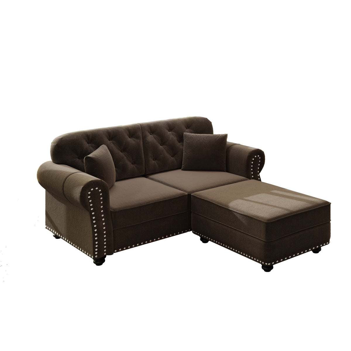63'Upholstered Velvet Sofa with Nailhead Trim and Rolled Armrests,Mid-Century Modern Chesterfield Sofa with Button Tufted,Includes 2 Pillows,Beige/White
