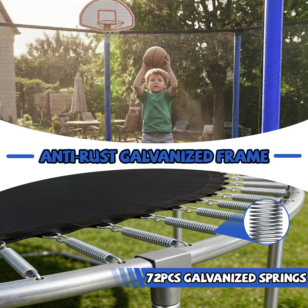 12 ft blue trampoline with basketball hoop and steel ladder