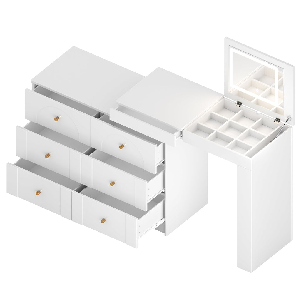 Vanity Desk with Mirror and Lights, Makeup Vanity Table with Flip-Top Tabletop and Storage 7 Drawers, 9 Compartments, 3 Shelves, 3 Color Modes Adjustable Makeup Table for Bedroom, Walnut (N733P279096)