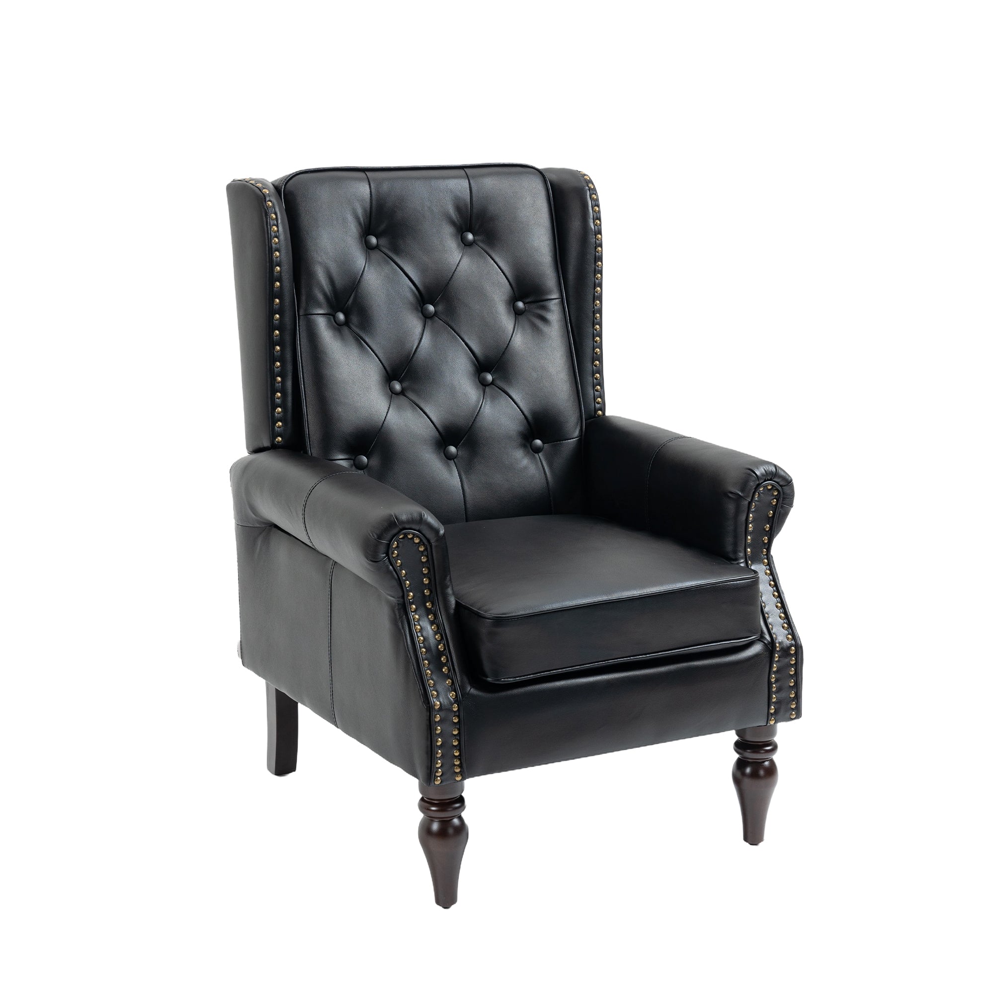 Black PU leather accent armchair with wood legs — front view