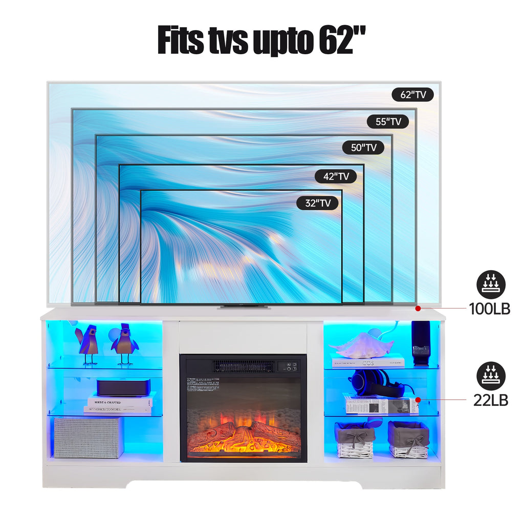 TV Stand with Electric Fireplace — Glass Shelves & USB Outlets for TVs Up to 62"