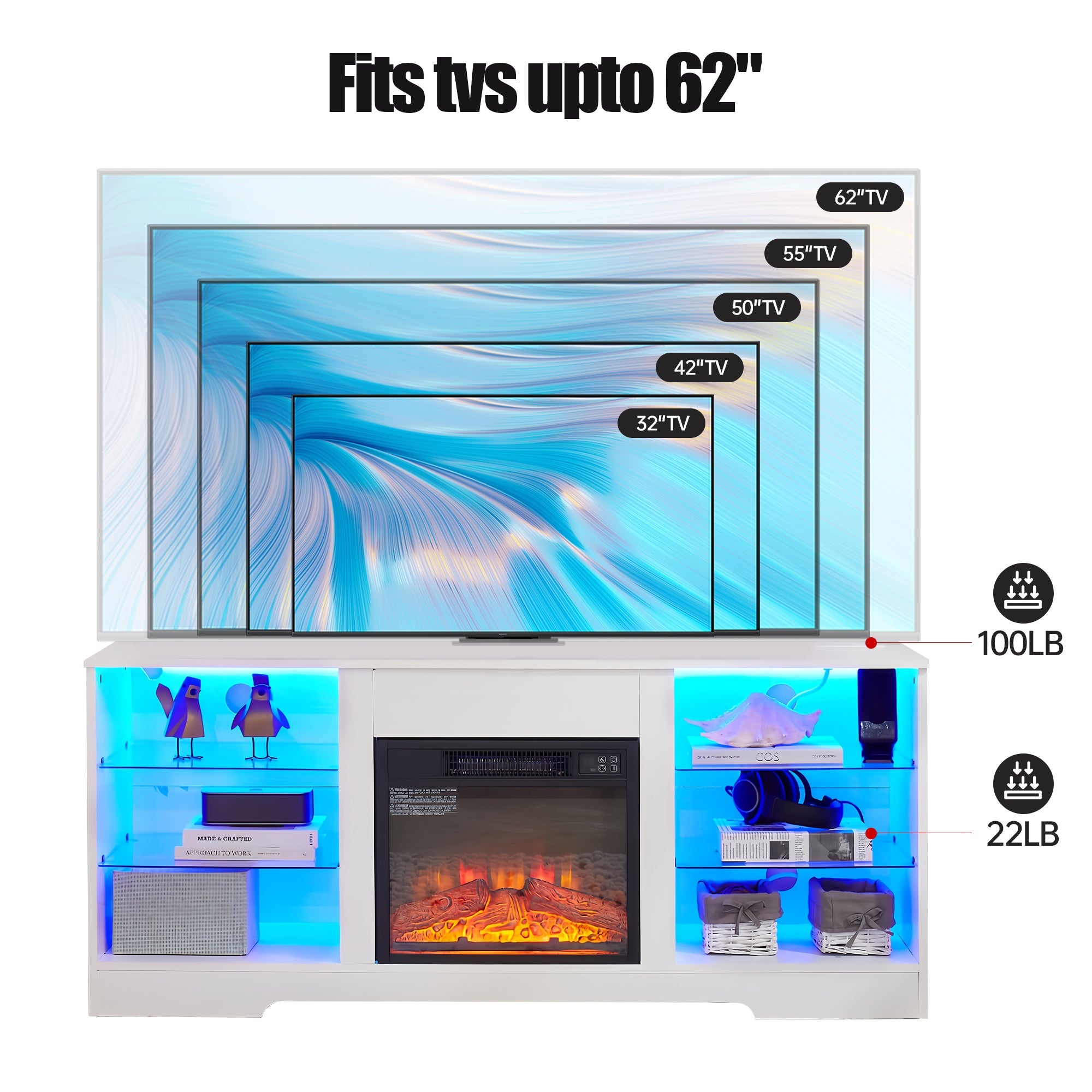 TV Stand with Electric Fireplace — Glass Shelves & USB Outlets for TVs Up to 62"