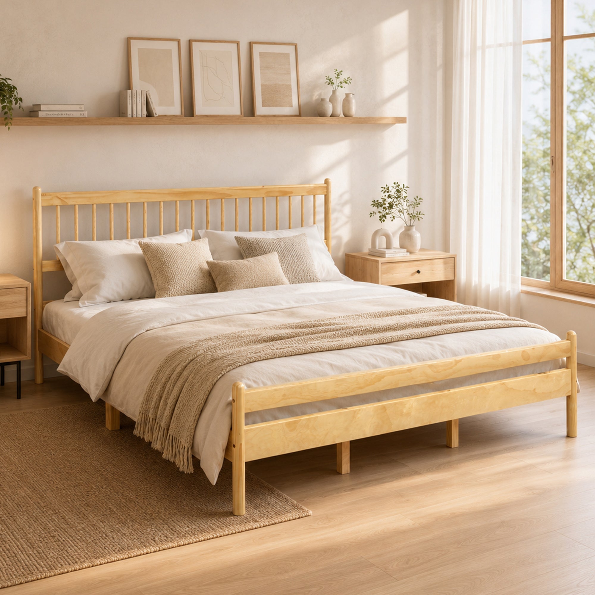 Traditional Style King Size Bed with Headboard and Footboard, Pinewood Bed with Strengthened Bed Frame,Walnut
