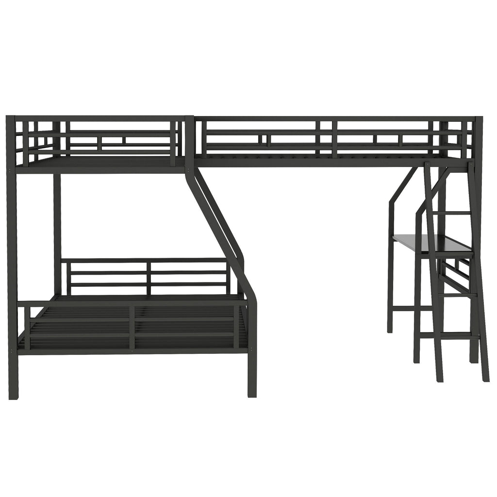 Black bunk bed integrated desk and ladder workspace close-up