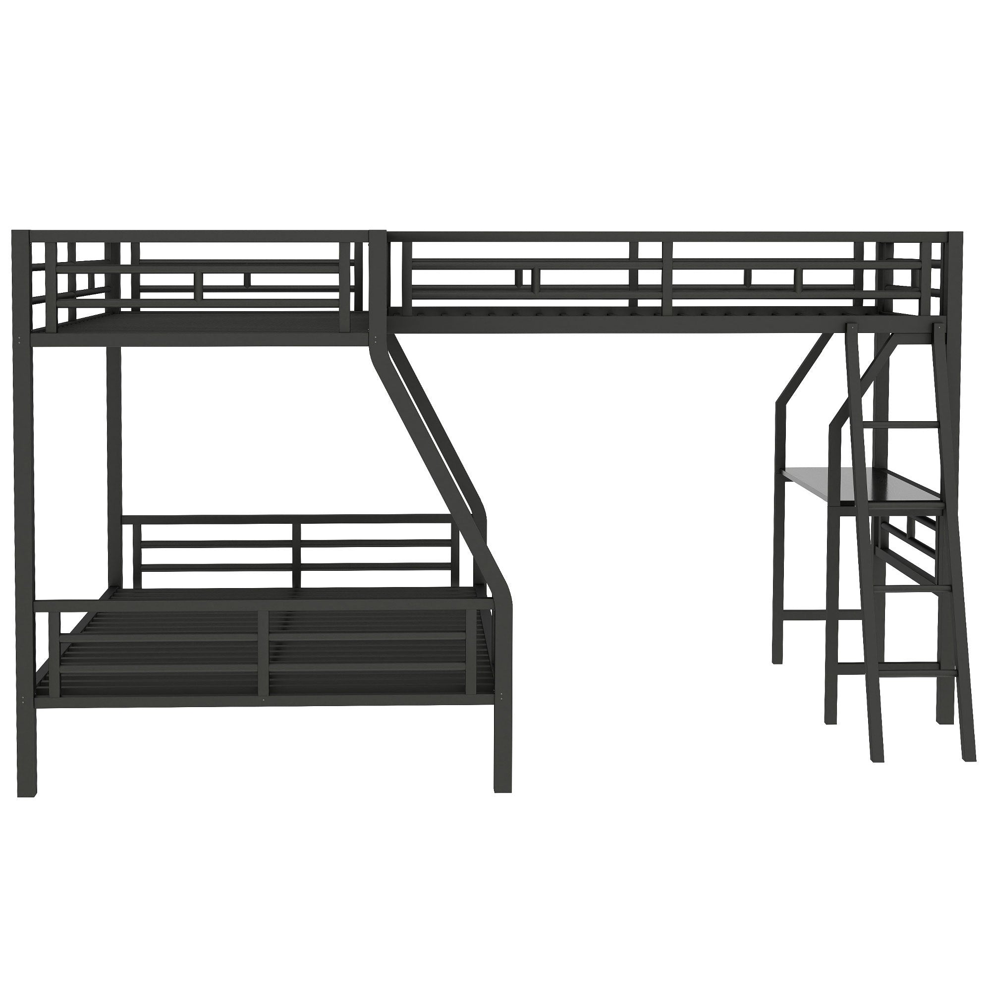Black bunk bed integrated desk and ladder workspace close-up