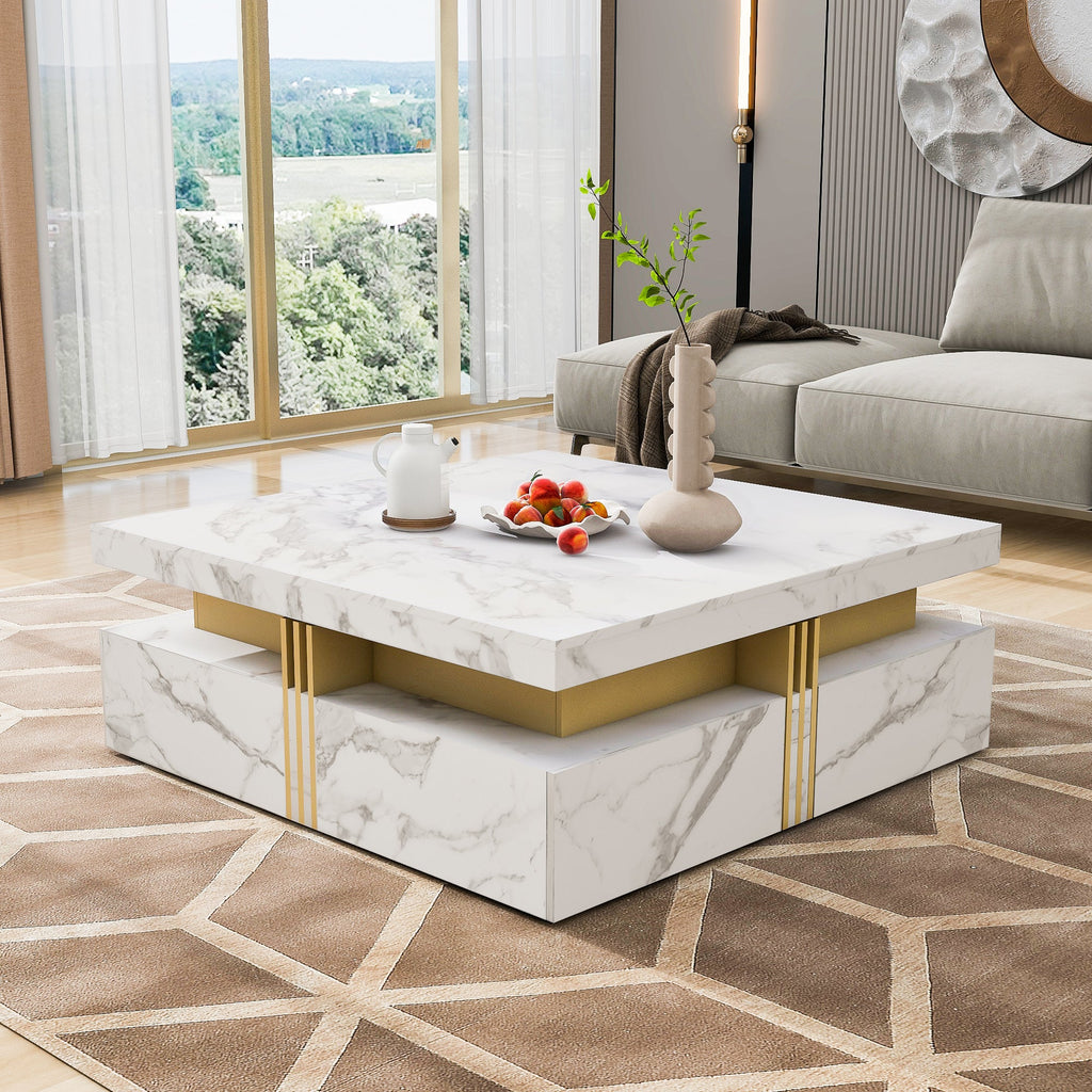 Square Storage Coffee Table — 4 Drawers & Gold Accents