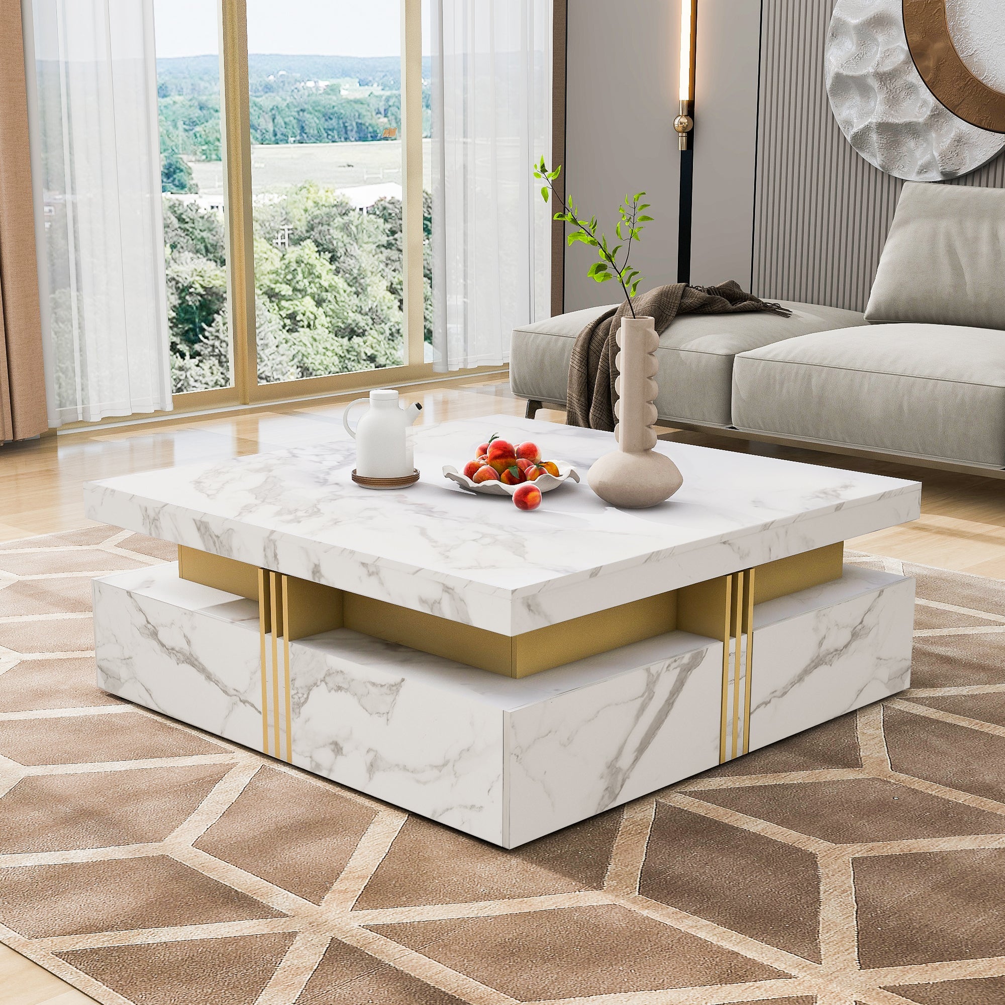 Square Storage Coffee Table — 4 Drawers & Gold Accents