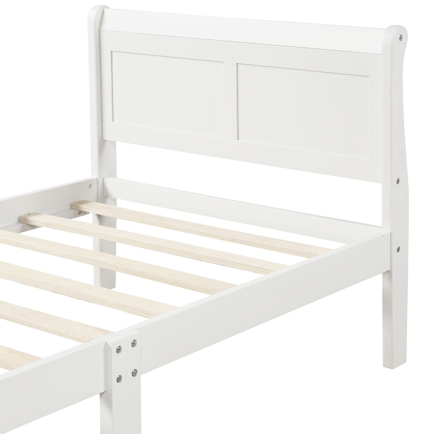 Twin platform bed footboard close-up