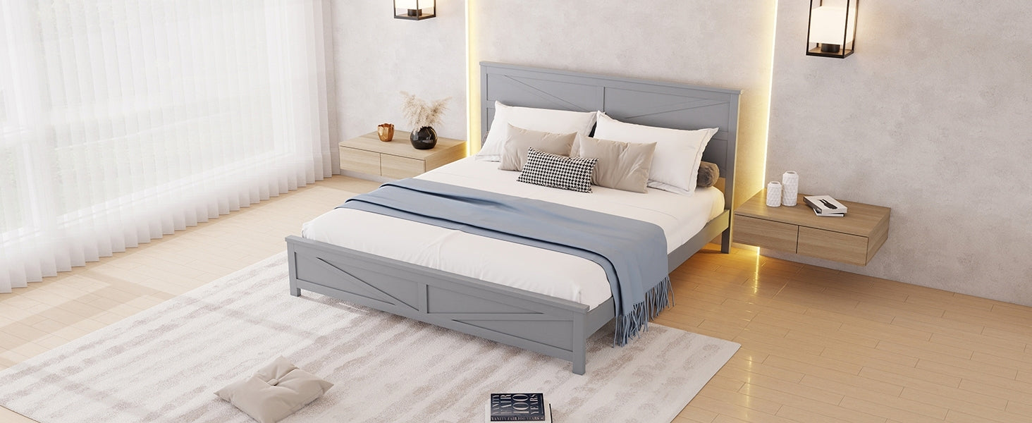 Farmhouse Style King Size Bed with Barn Door Designed Headboard and Footboard, Pinewood Bed with Strengthened Bed Frame,White