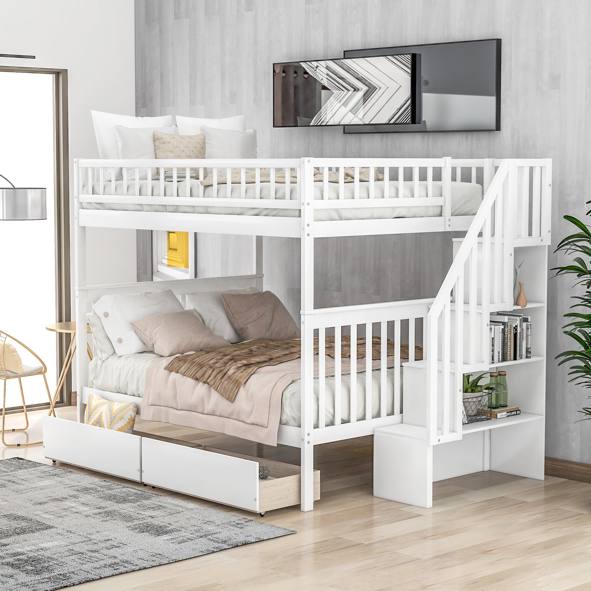 Full-over-full bunk bed in white pine wood — angle view