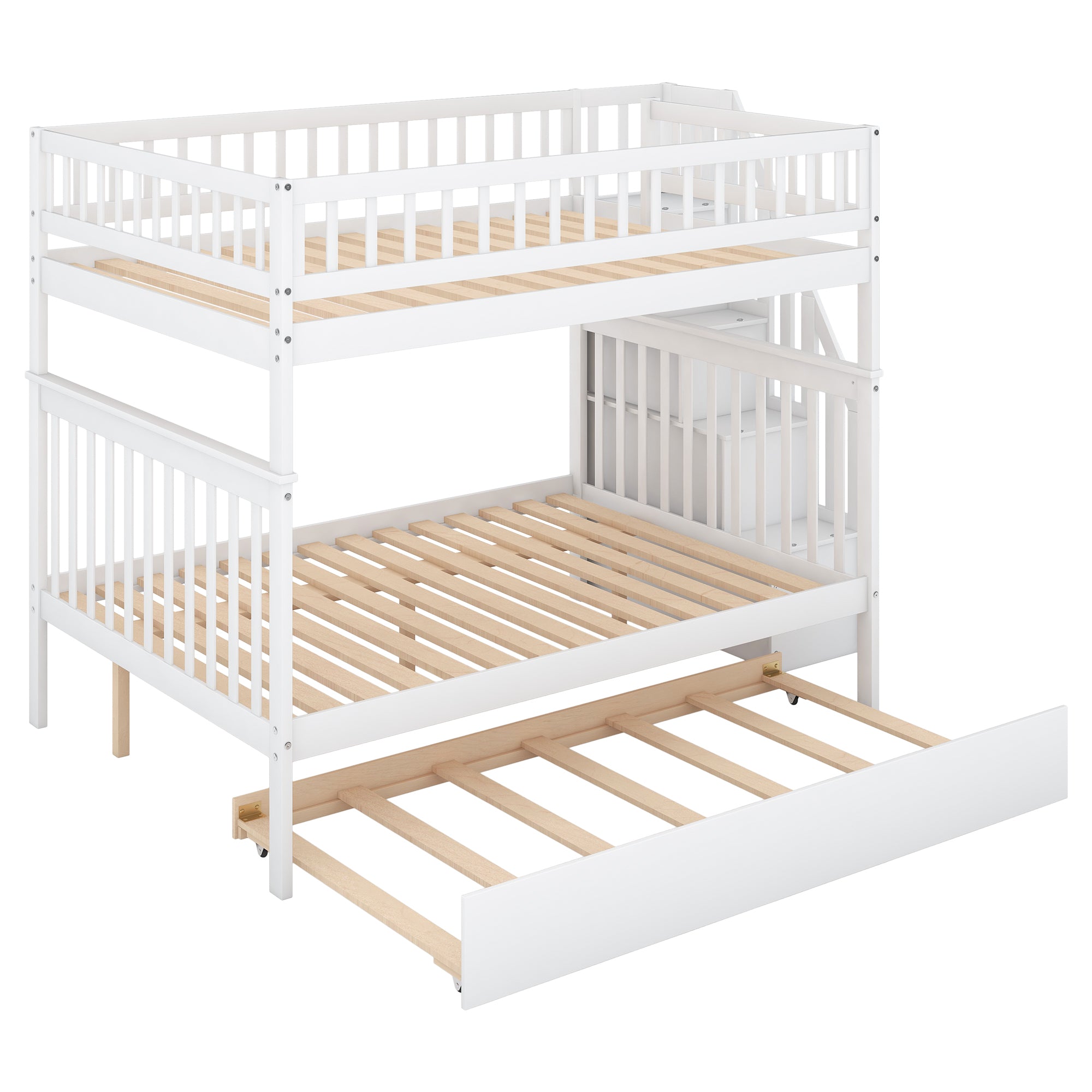 White bunk bed wood slat support — no box spring