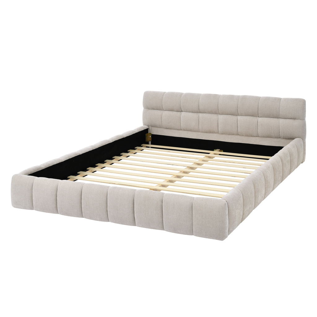 Beige upholstered bed frame construction detail