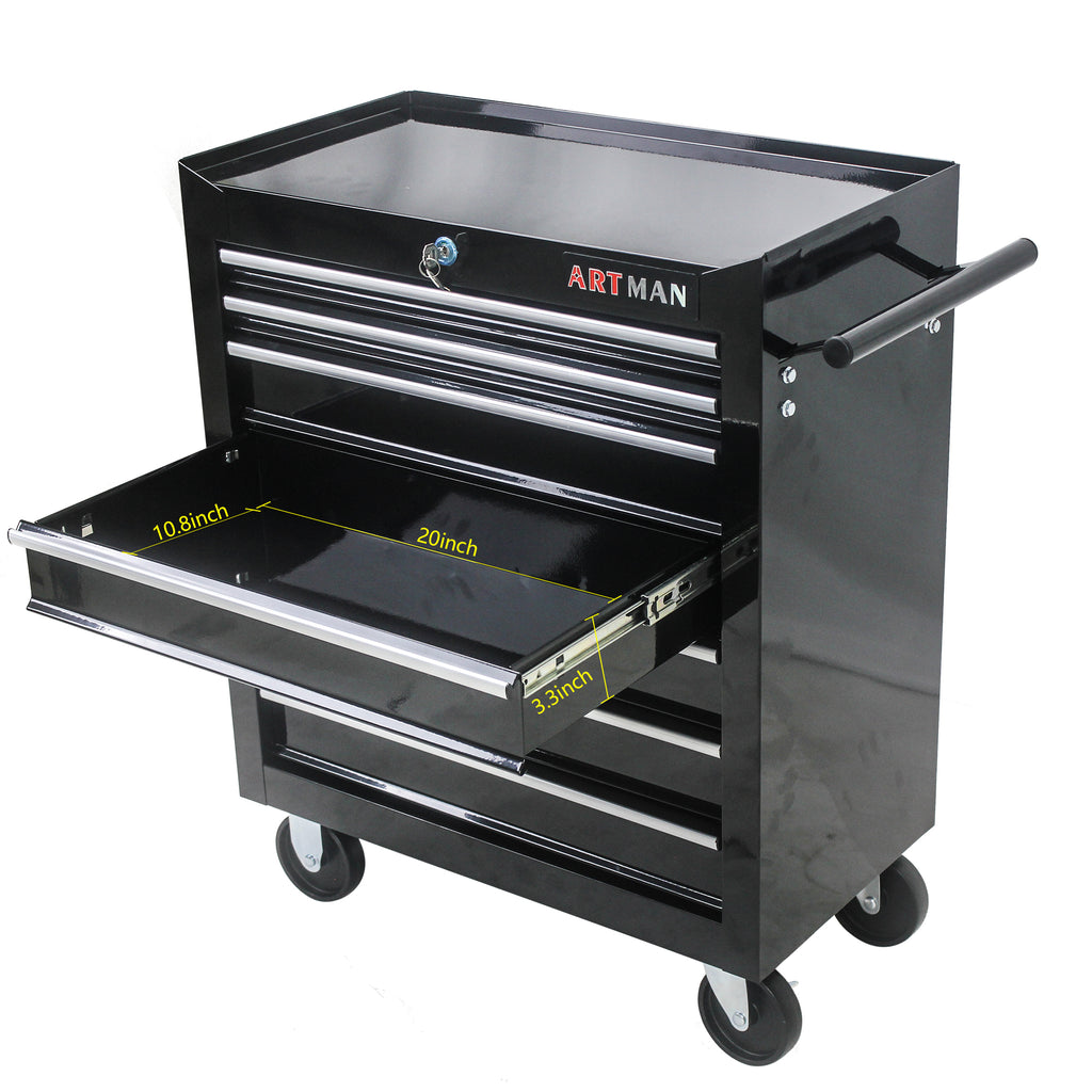 Ball-bearing drawer slides open on black rolling tool cart