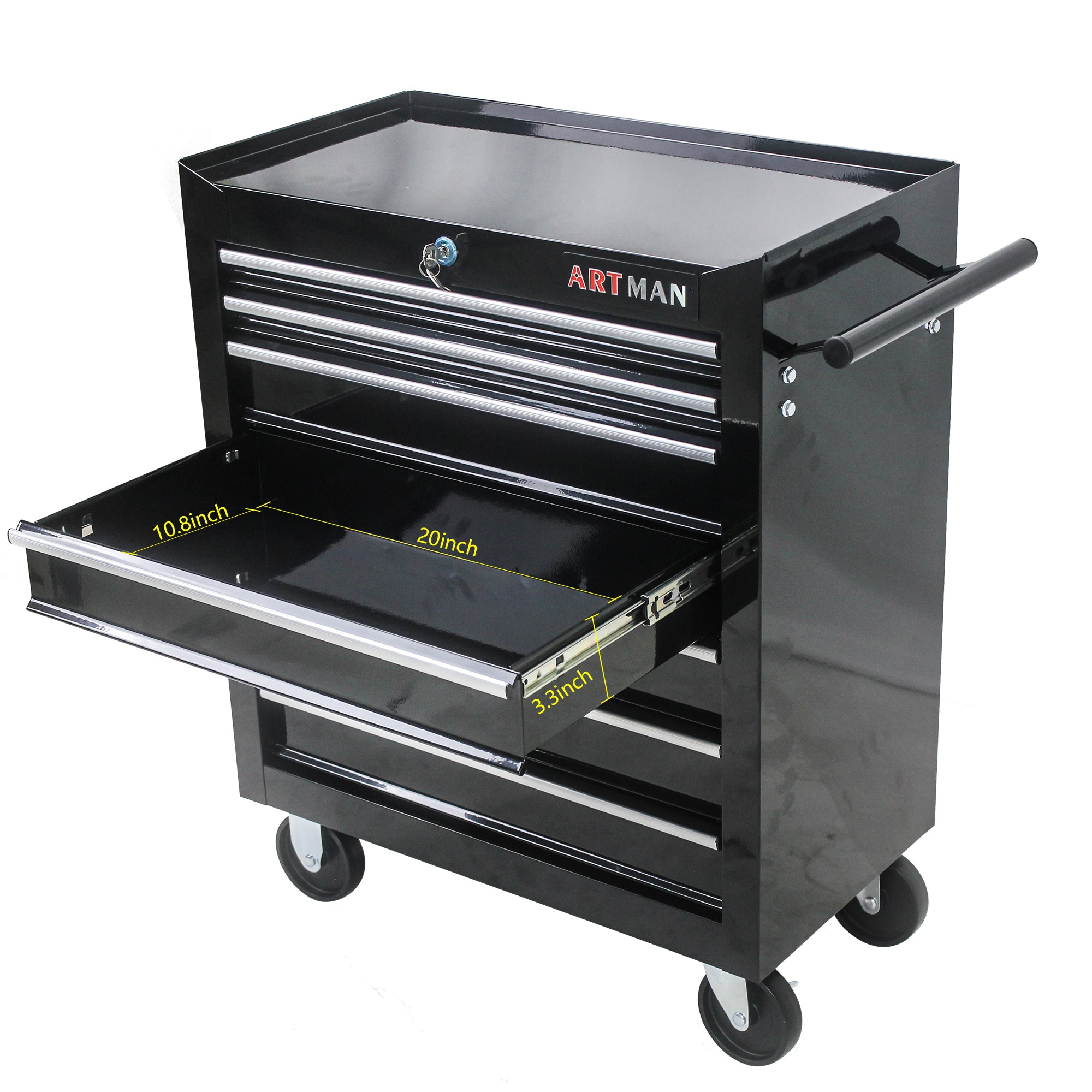 Ball-bearing drawer slides open on black rolling tool cart