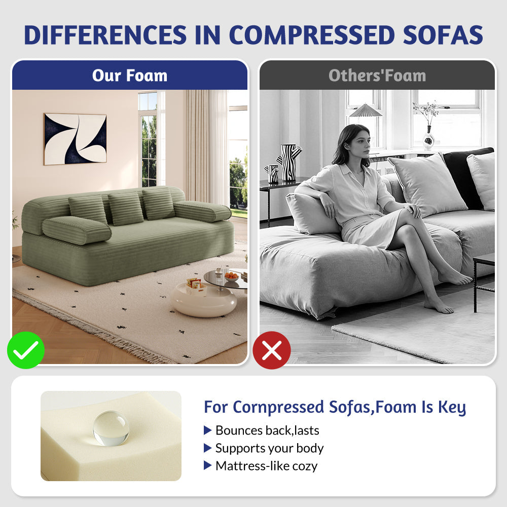 78.7' Frameless Sofa,2-in-1 Convertible Sofa Bed with 3 Pillows – Plush Corduroy Fabric, Multi-Functional 3-Seater Couch for Small Spaces, Apartments and Bedrooms,Beige