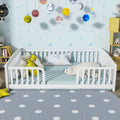 Full Size Floor Fence Bed with Central Entrance,Pine Wood Floor bed with Guardrails,White