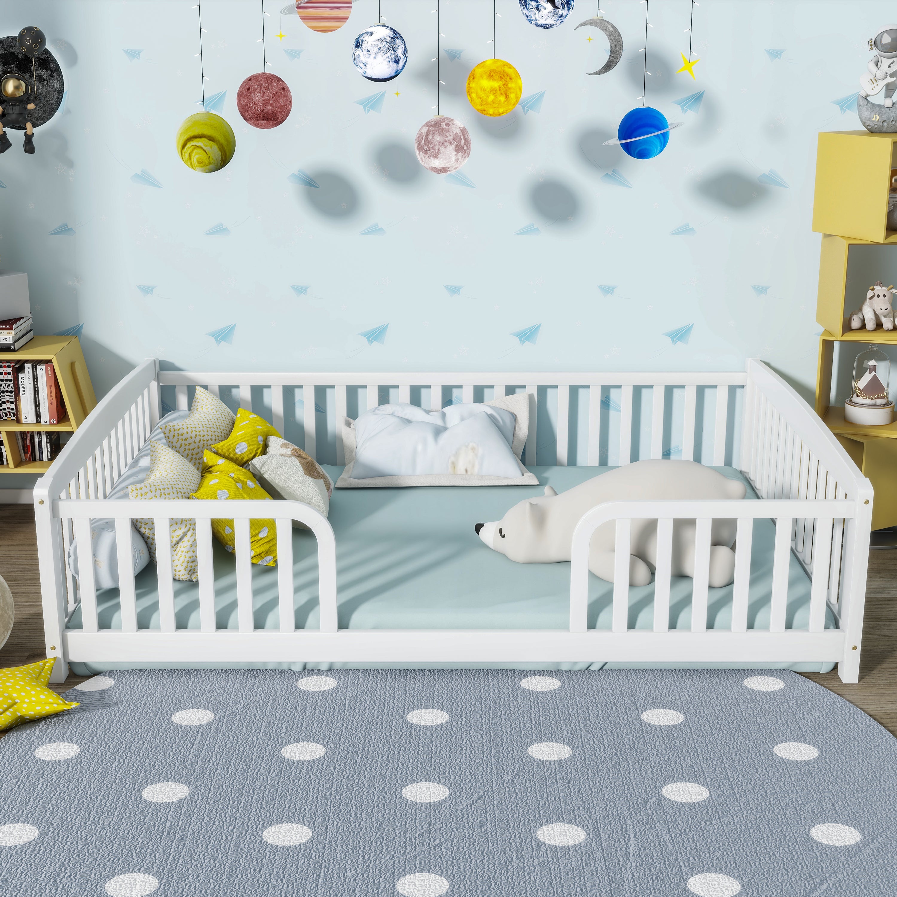 Full Size Floor Fence Bed with Central Entrance,Pine Wood Floor bed with Guardrails,White