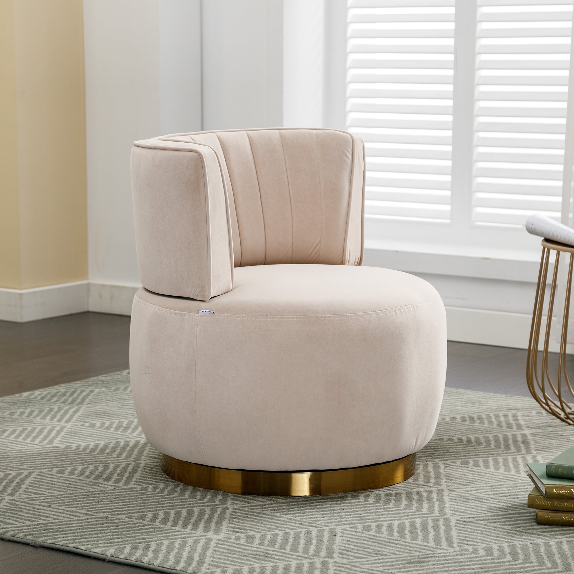 360 degree swivel accent chair in beige velvet