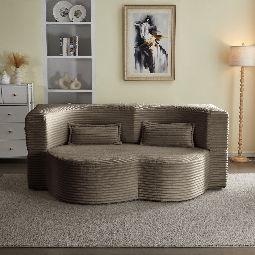 Modern Floor Sofa with 2 Pillows, Convertible Plush Corduroy Foam-Filled Sleeper Sofa Bed,15 ' Full Size Folding Mattress for Living Room, Guest Bed, no assembly required, Light Grey