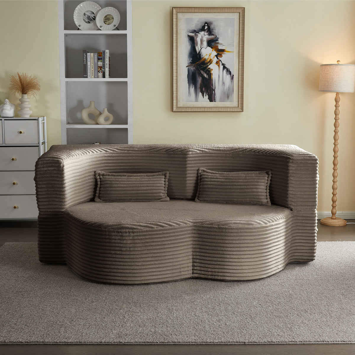 Modern Floor Sofa with 2 Pillows, Convertible Plush Corduroy Foam-Filled Sleeper Sofa Bed,15 ' Full Size Folding Mattress for Living Room, Guest Bed, no assembly required, Light Grey