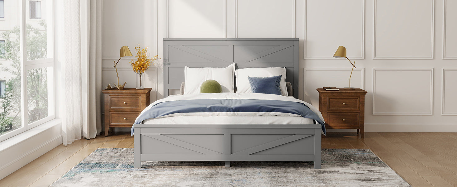 Farmhouse Style Queen Size Bed with Barn Door Designed Headboard and Footboard, Pinewood Bed with Strengthened Bed Frame ,White