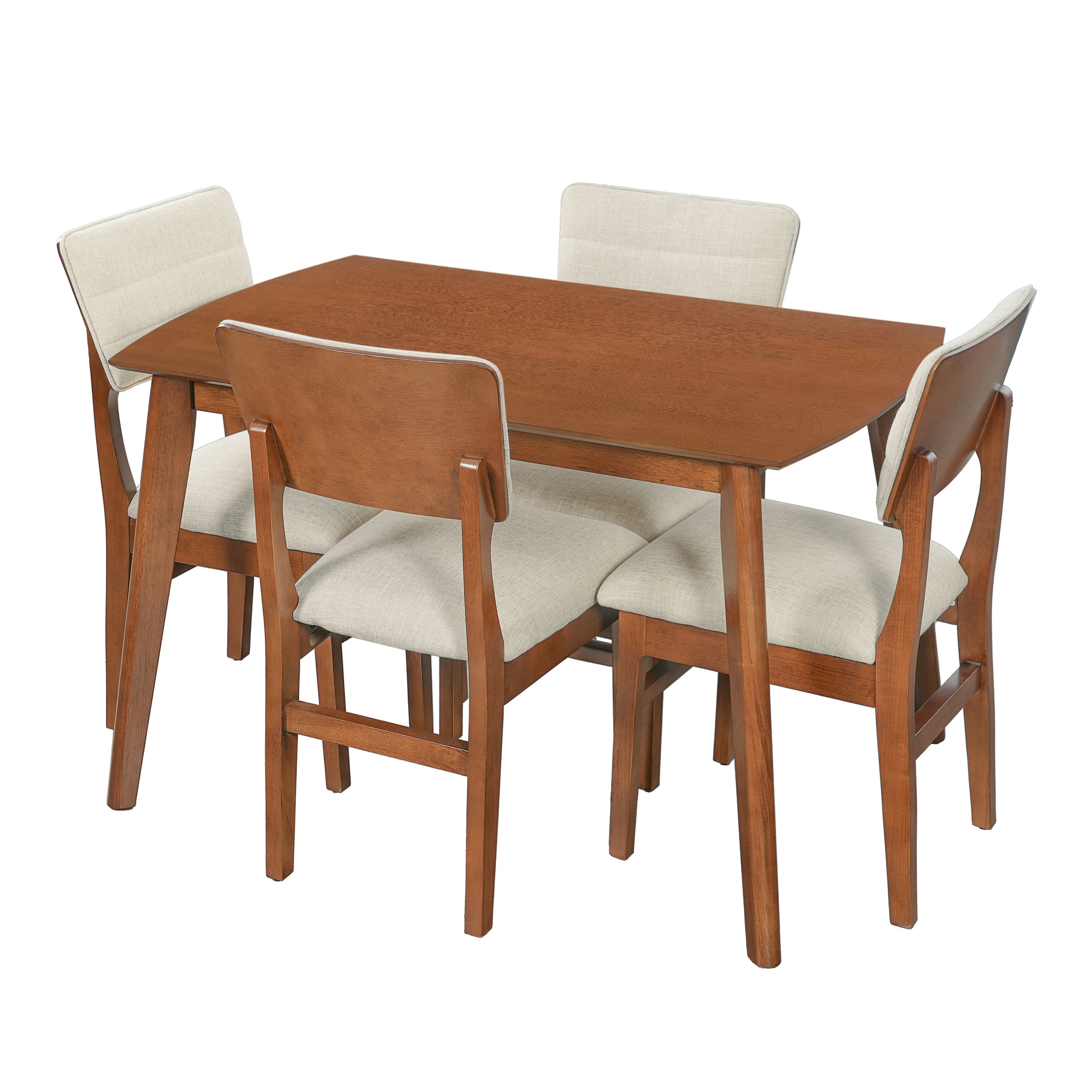 Farmhouse Dining Table Set for 4, Wood Kitchen Table & 4 Upholstered Chairs with Sturdy Rubber Wood Frame, Padded Seat, Curved Backrest, Space-Saving Dinette Set for Dining Room, Brown+Gray