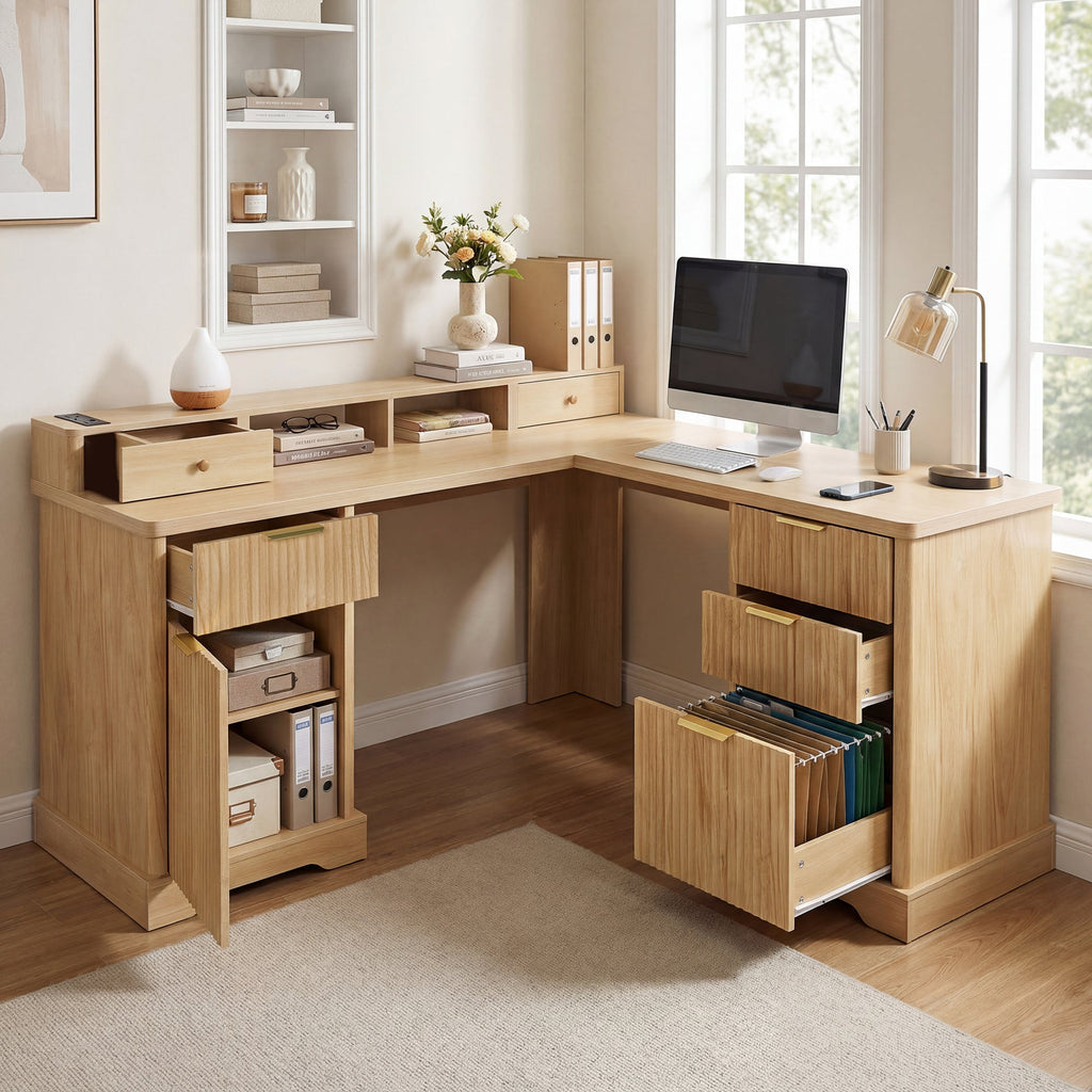 Fluted L-Shaped Desk with Charging Station, Monitor Stand & File Drawer — 59-Inch