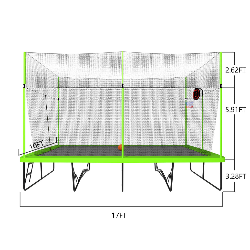 10 by 17 ft green trampoline with basketball hoop and advanced ladder