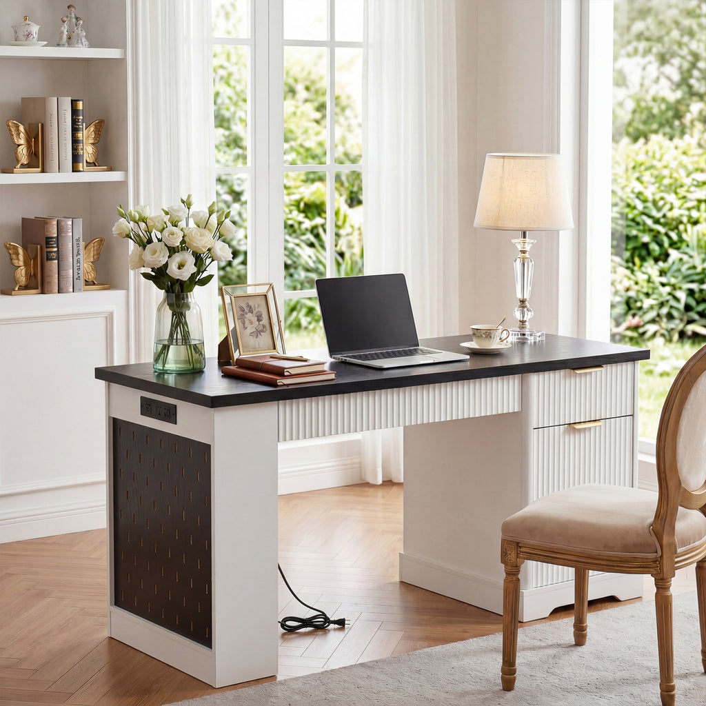 55-inch white fluted home office desk with storage cabinet — angle view