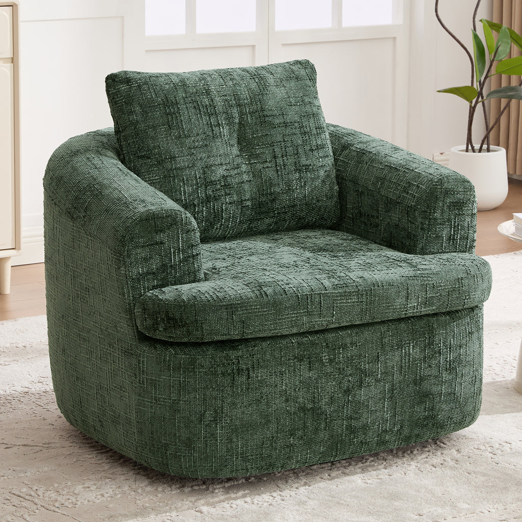 Compact green barrel chair 360 degree swivel base — angle view