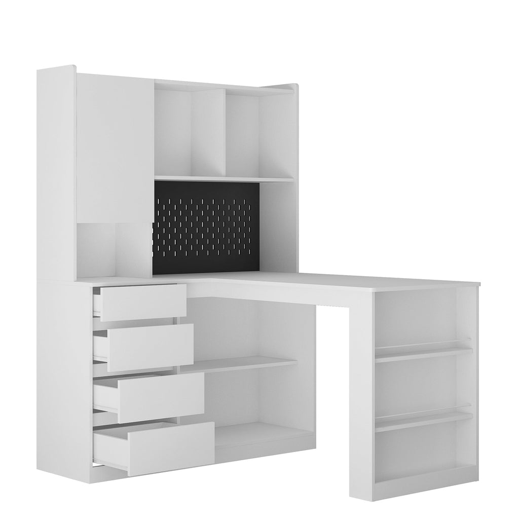 L-Shaped Desk with Bookshelf, Charging Station, Drawers & LED Light