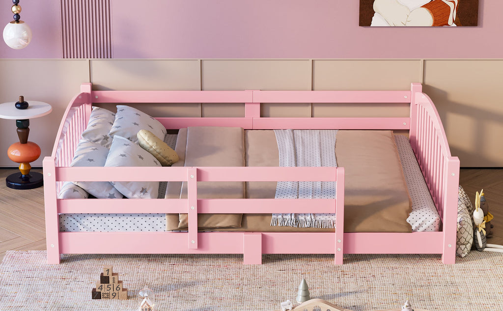 Full Montessori Floor Bed with Slats and Safety Guardrails, Solid Wood Floor Bed with Fence and Without Door, Easy Assemble Montessori Bed for Girls and Boys, Gray