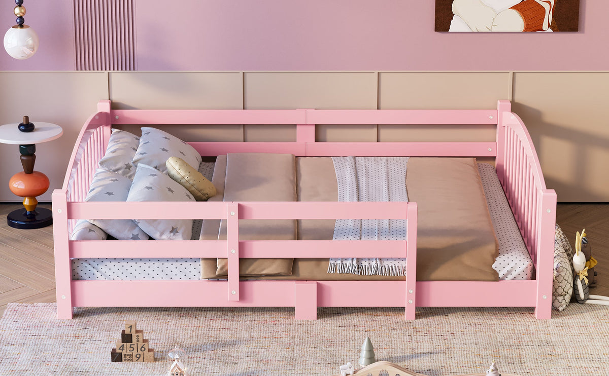 Full Montessori Floor Bed with Slats and Safety Guardrails, Solid Wood Floor Bed with Fence and Without Door, Easy Assemble Montessori Bed for Girls and Boys, Gray