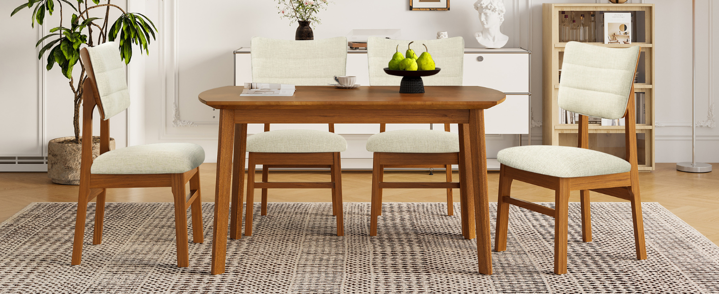 Farmhouse Dining Table Set for 4, Wood Kitchen Table & 4 Upholstered Chairs with Sturdy Rubber Wood Frame, Padded Seat, Curved Backrest, Space-Saving Dinette Set for Dining Room, Brown+Gray