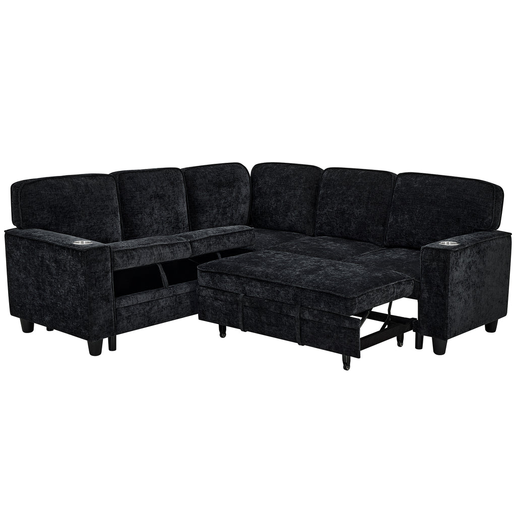 L-Shaped Sofa with Pull Out Sofa Bed, Sleeper Sofa Couch Bed with Storage Seat, 5 Seat Sectional Sofa Bed with USB, Sectional Sofa Couch for Living Room, Apartment, Charcoal Grey